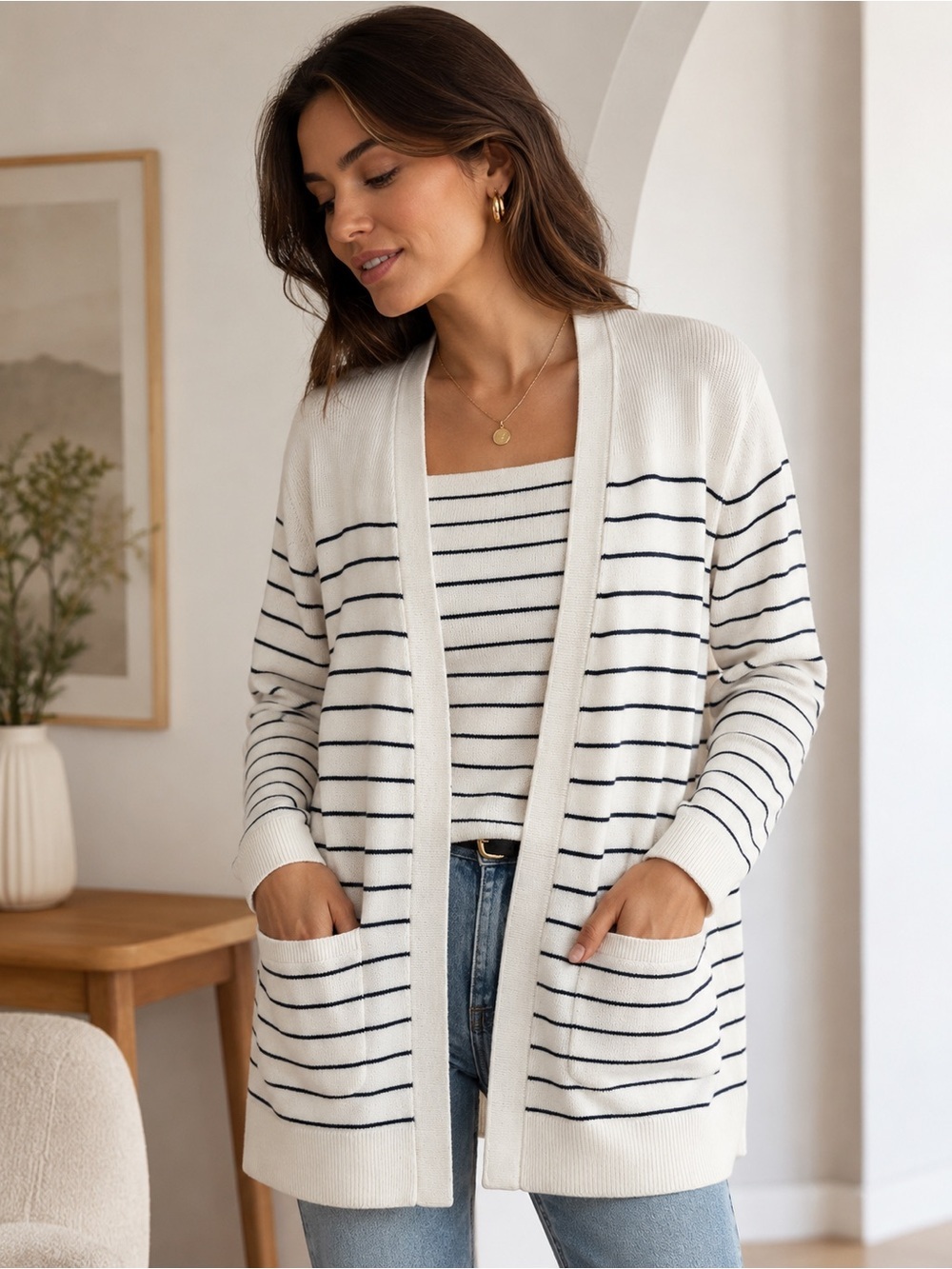 Talbots Striped Open-Front Cardigan Sweater - Ivory size small